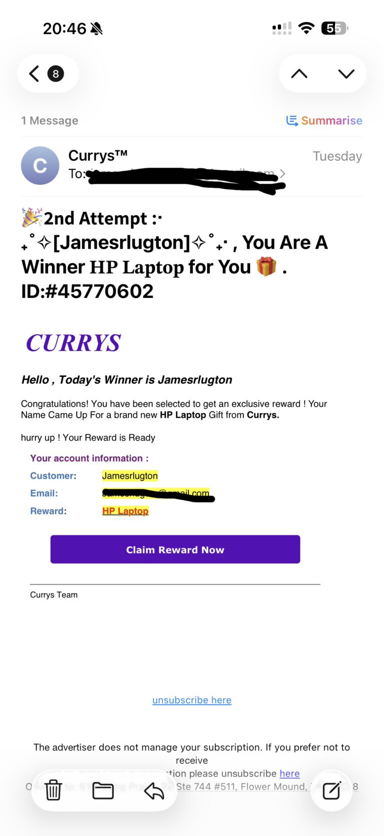 The “You’ve Won a Prize” Email