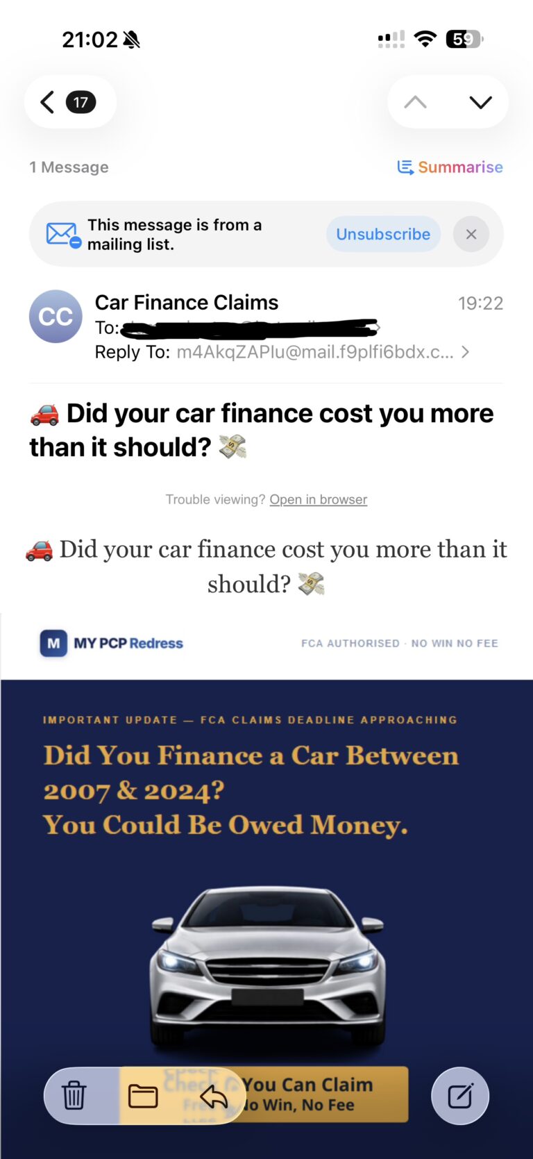 Car Finance “You Could Be Owed Money” — Compensation Scam