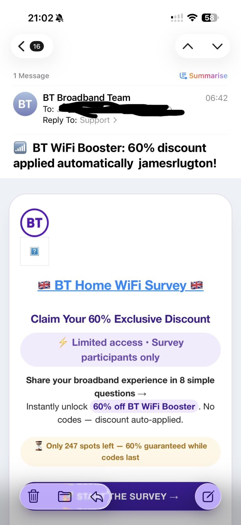 BT “60% WiFi Booster Discount” — Fake Survey Scam