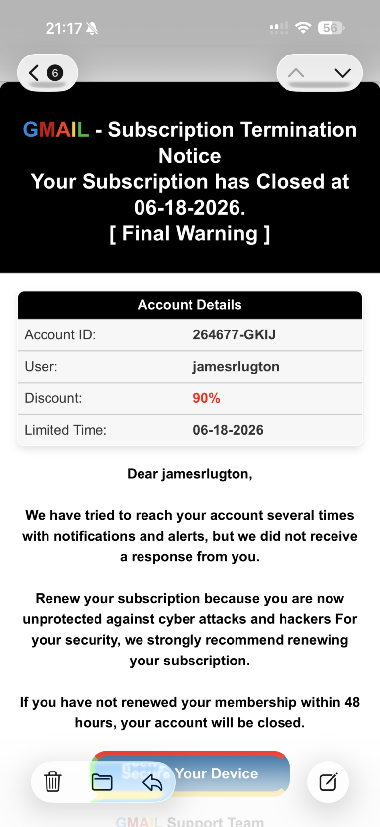 Gmail “Subscription Termination Notice” — Fake Account Closure Scam