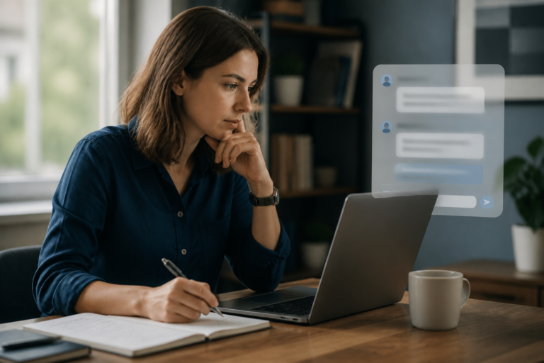 Person reviewing a document carefully beside a blurred AI chat window