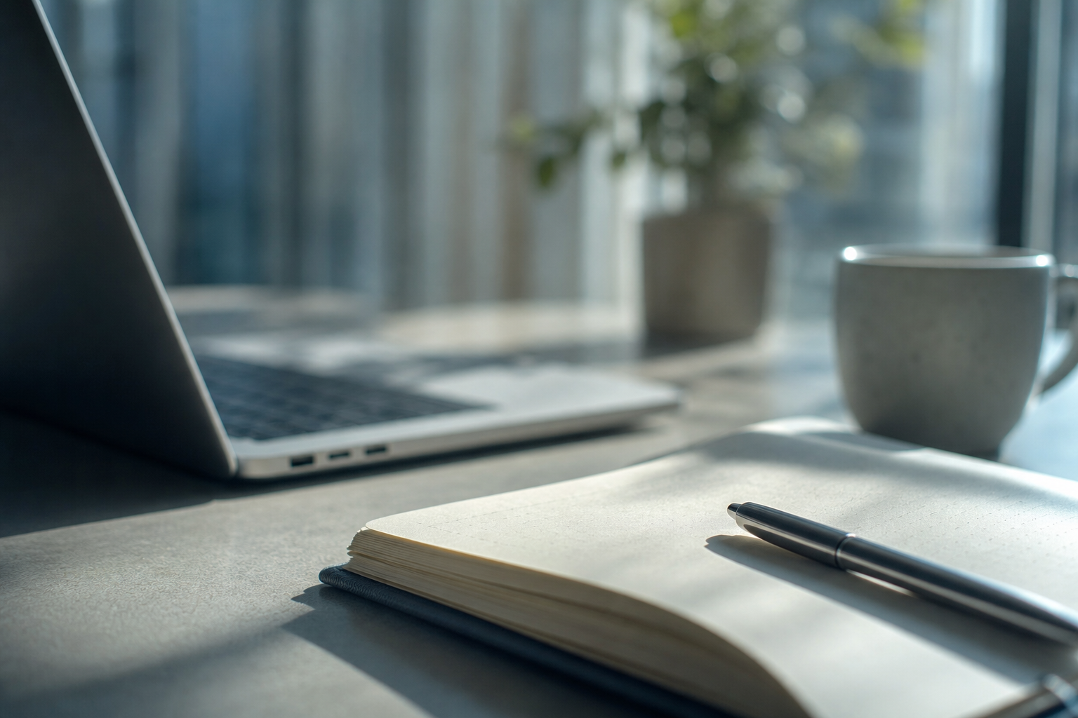 Laptop and notebook in soft daylight