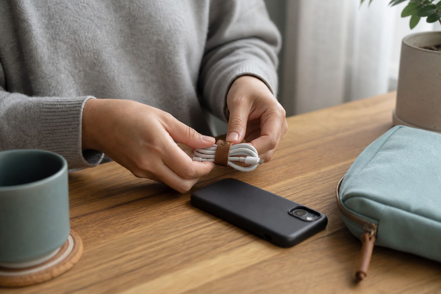 Hands tidying cables and setting a phone aside