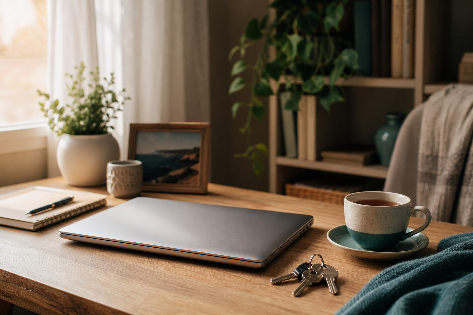 Home desk with laptop, keys and tea