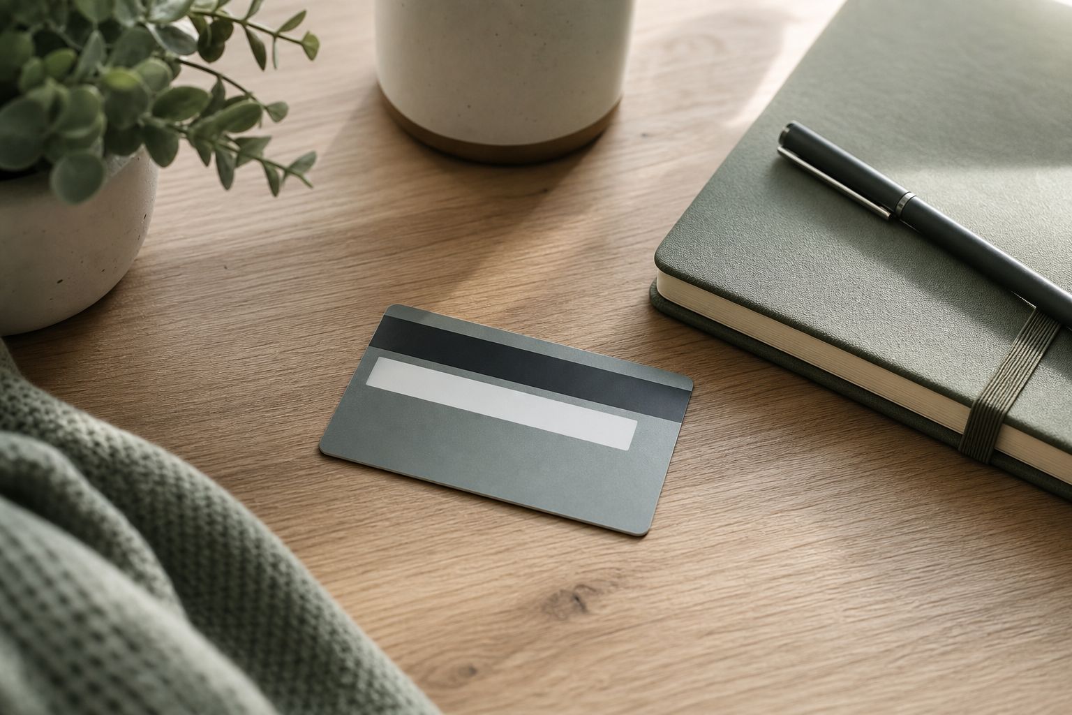 Payment card face-down beside a notebook