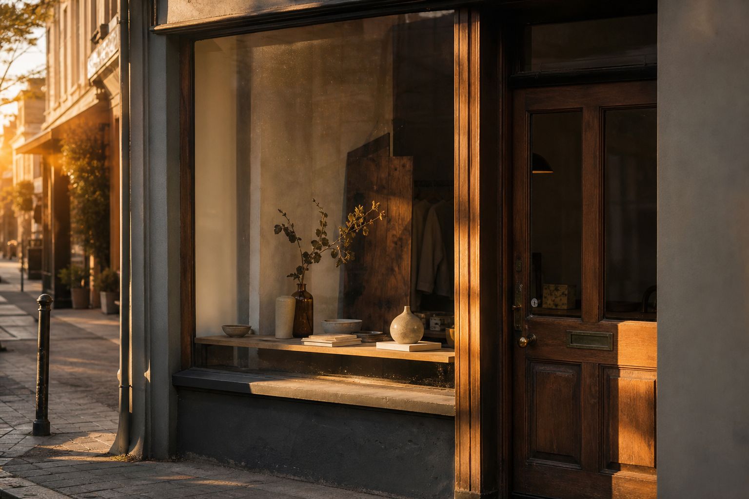 Quiet high-street shop front at golden hour