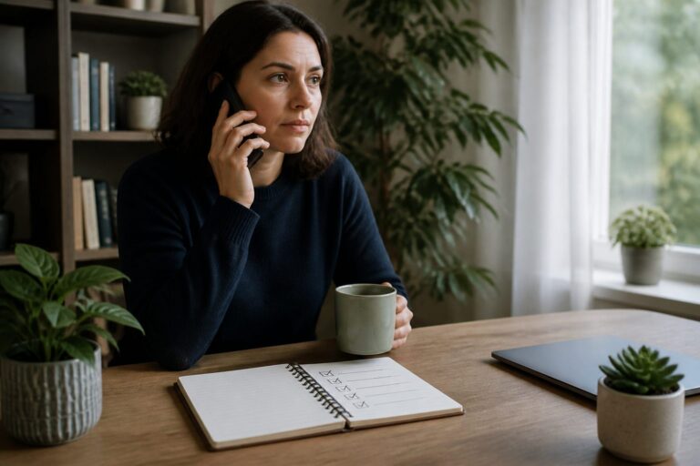 Person calling for help with a notebook checklist