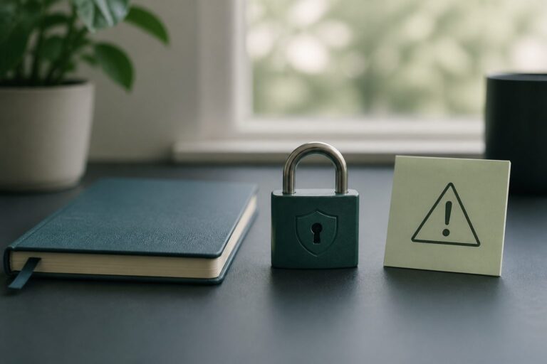 Notebook padlock and sticky note on a desk