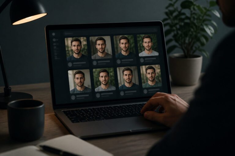 Laptop showing similar social profile faces