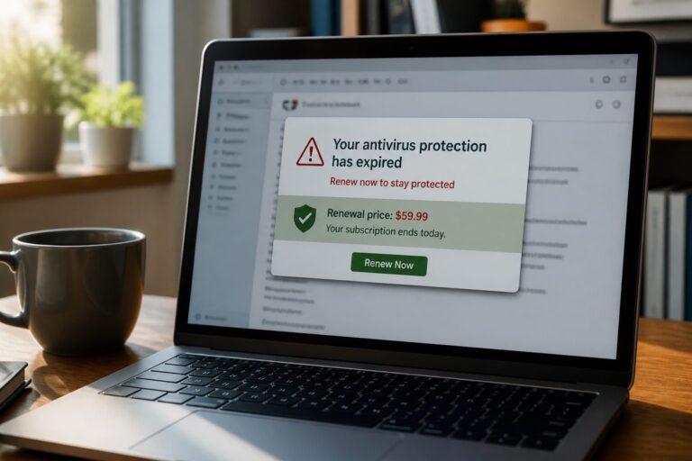 Laptop showing a software renewal warning on a desk
