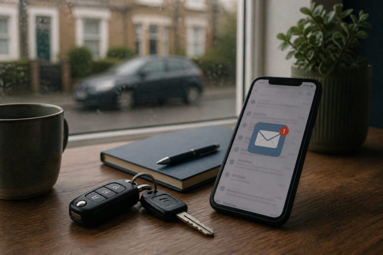 Car keys and phone with an email notification on a table