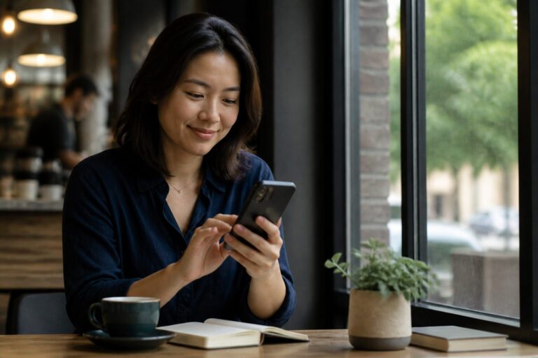 Person carefully checking a banking app in a cafe