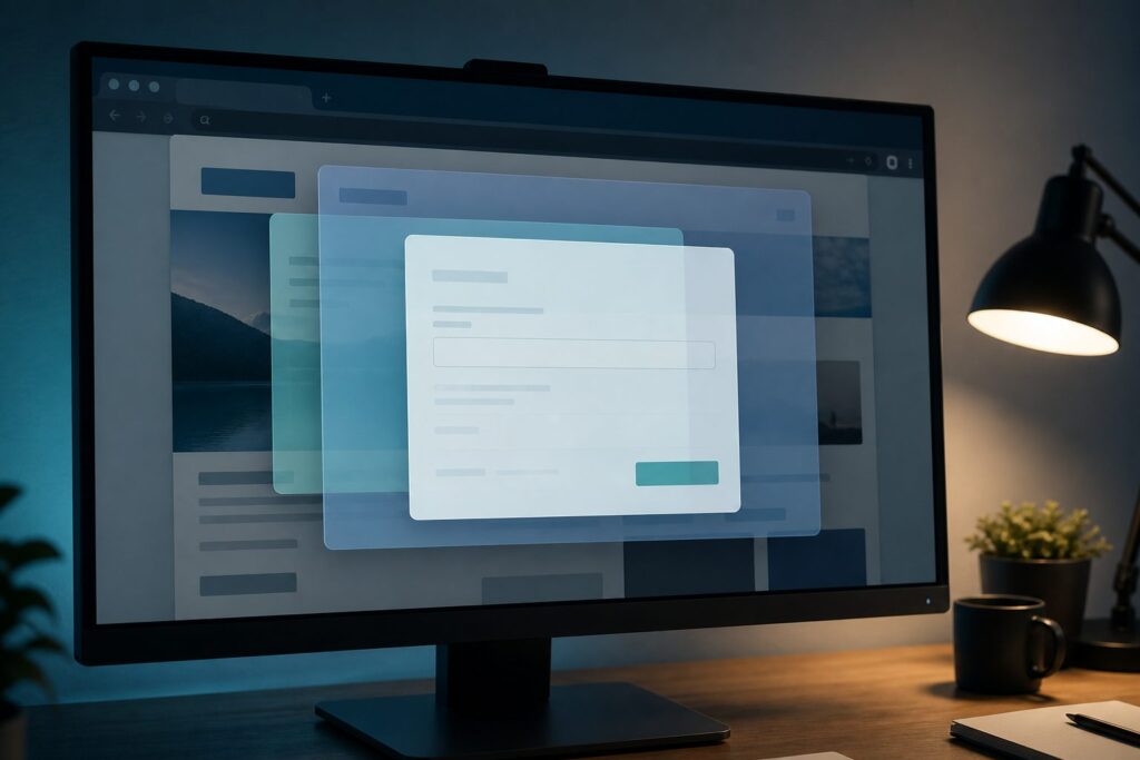 Monitor with overlapping translucent UI panels