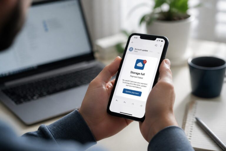 Hands holding a phone with a storage payment warning