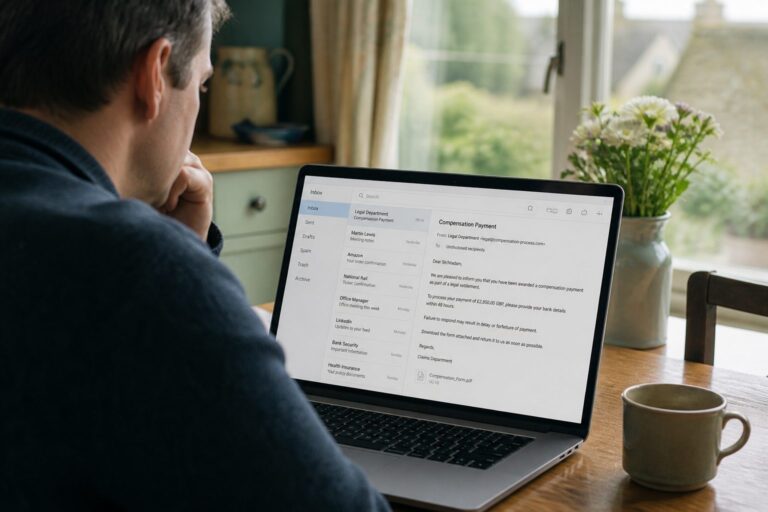 Laptop open to a suspicious compensation email on a kitchen table
