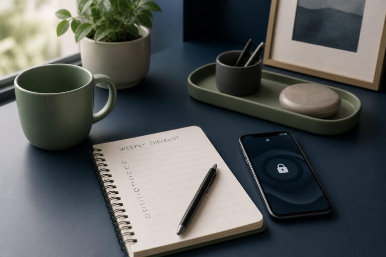 Checklist notebook and phone on a clean desk