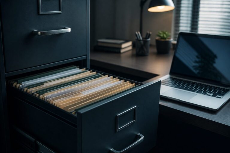 Filing cabinet drawer open beside a laptop