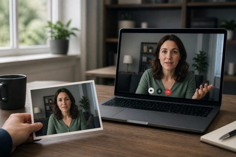 Video call beside a printed photo hinting deepfakes