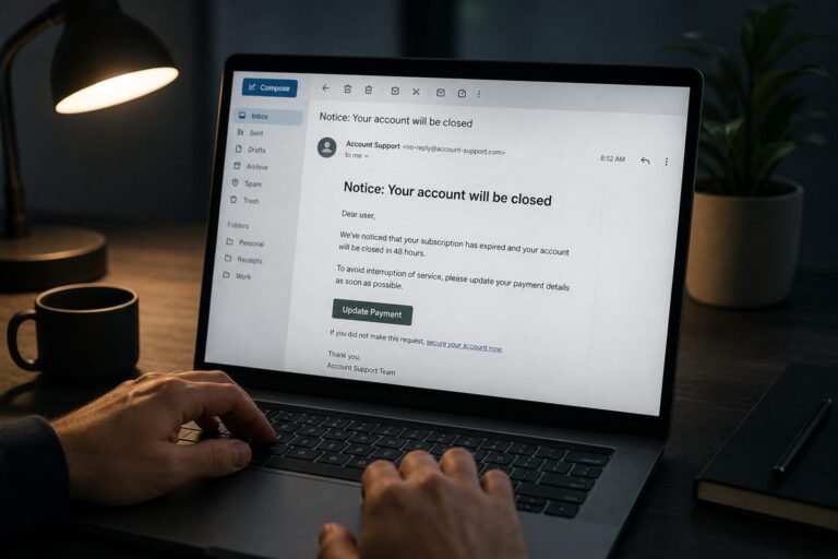 Hands on a laptop with a concerning account email open