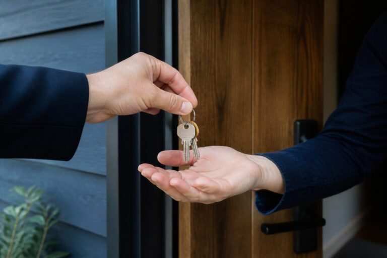 House keys passed between hands at a doorway