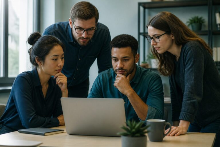 Small team huddle around a laptop
