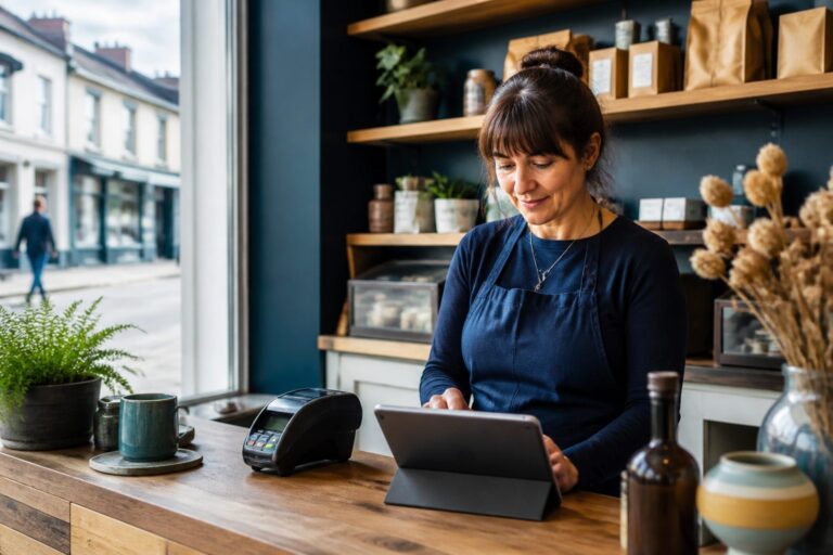 Independent shop counter with card terminal and tablet