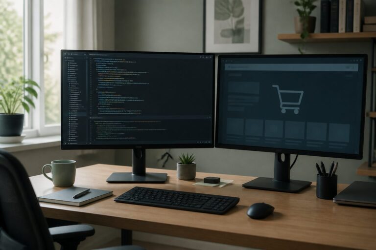 Desk with monitors showing code and a cart page