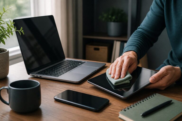 Laptop phone and tablet on a home desk