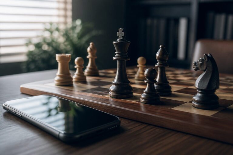 Chess pieces beside a smartphone