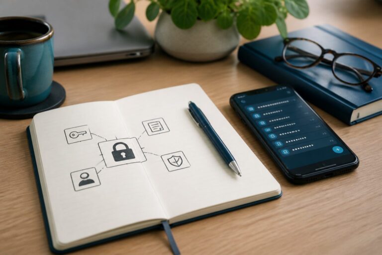 Notebook and phone on a desk for password habits