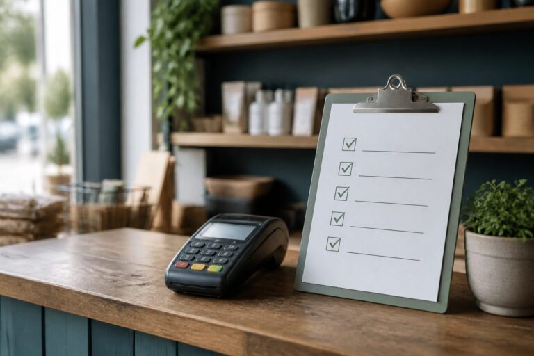 Clipboard checklist beside a card terminal