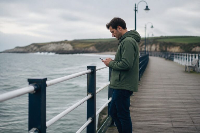 Person checking a phone on a pier boardwalk