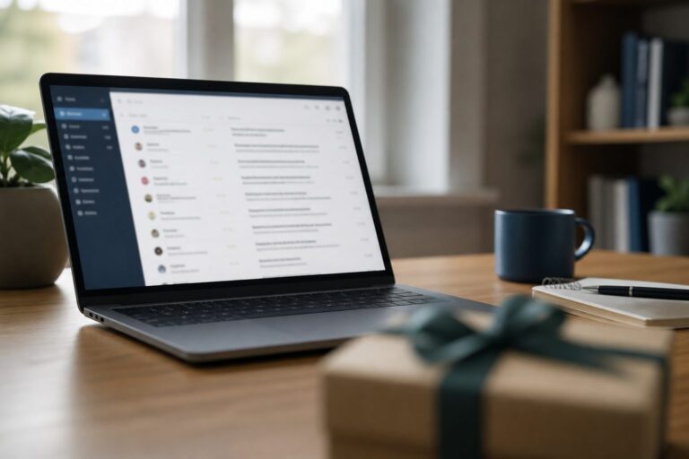 Laptop inbox beside a small gift box suggesting a prize lure