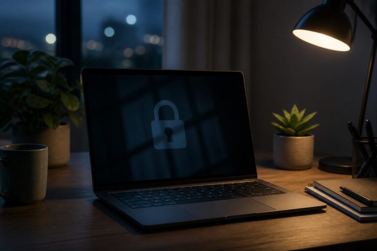 Quiet desk with laptop and subtle lock reflection