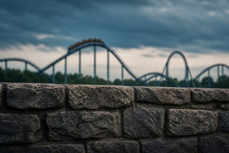 Solid foundation wall with roller coaster rails distant