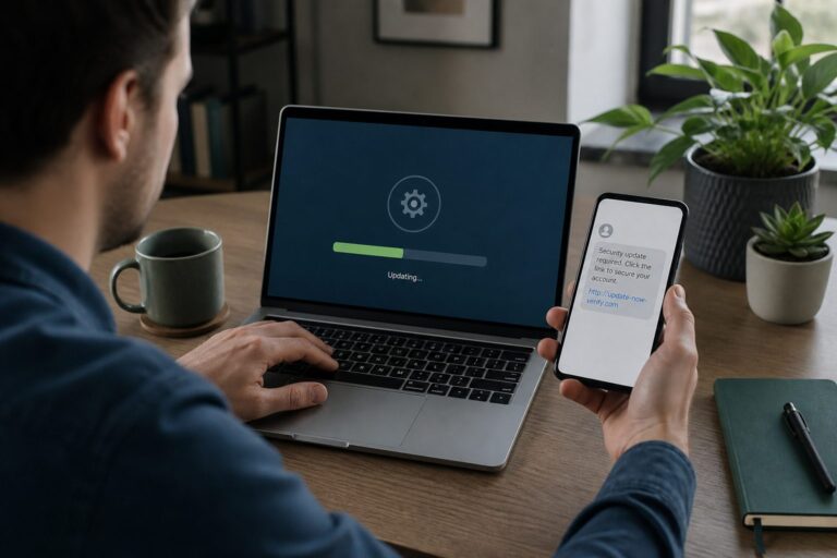 Laptop update beside a suspicious SMS lure