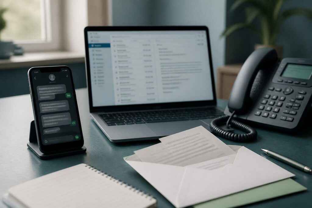 Desk with phone laptop and landline showing scam channels