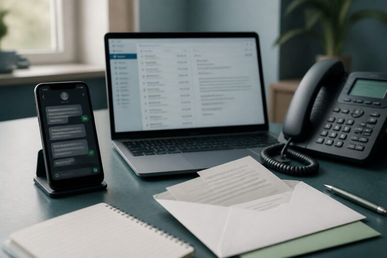 Desk with phone laptop and landline showing scam channels