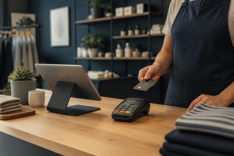 Shop checkout with card machine and tablet