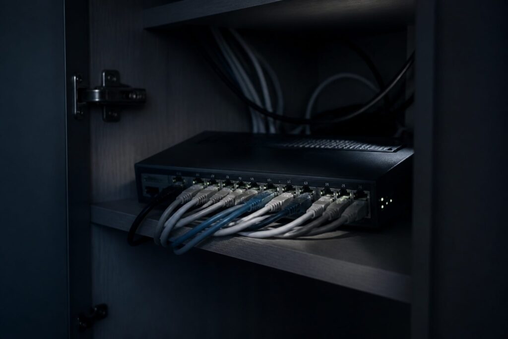 Network switch and cables in a quiet cupboard