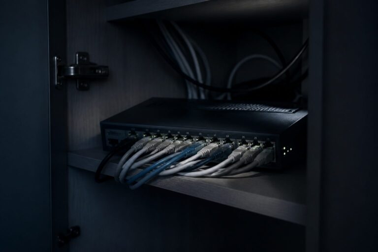 Network switch and cables in a quiet cupboard