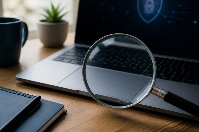 Magnifying glass over a laptop trackpad