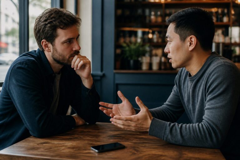Two people talking across a cafe table
