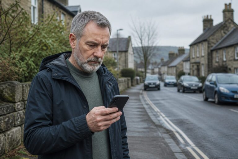 Person pausing to check a phone message on a street