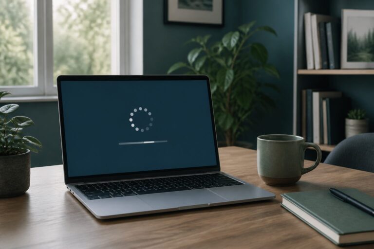 Laptop showing a system update in a home office