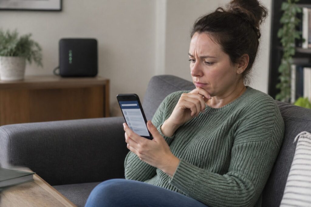 Person on a sofa checking a survey offer on a phone