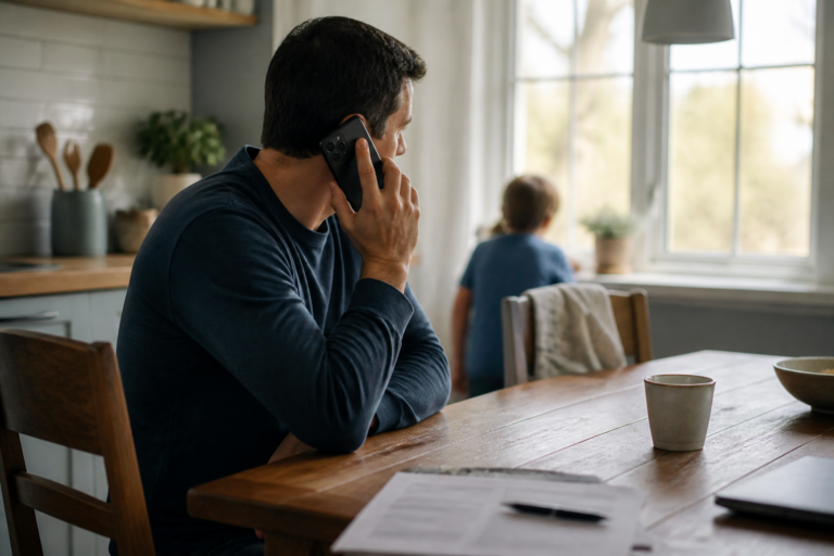 Person taking a careful phone call at a kitchen table