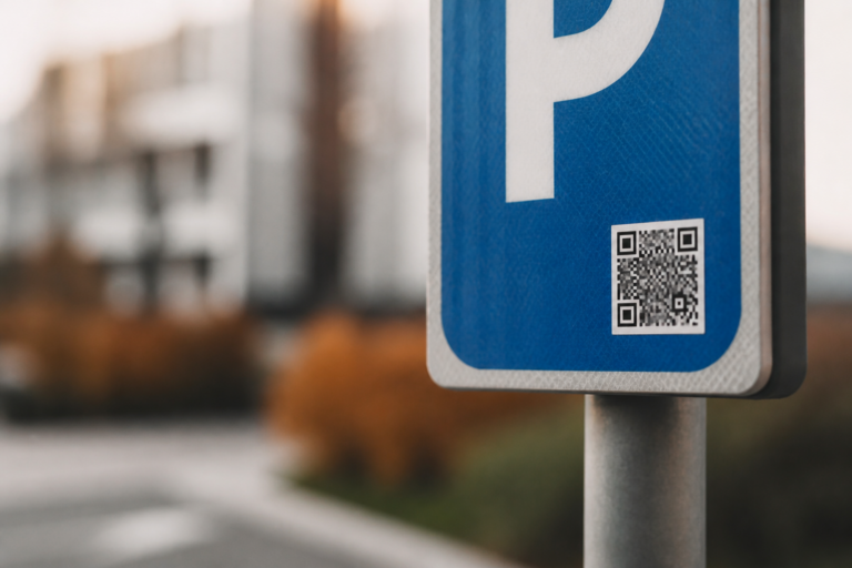 QR sticker on a public sign suggesting caution