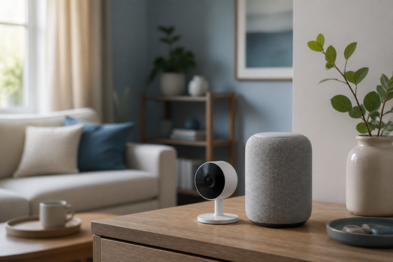 Home smart speaker and camera in soft light